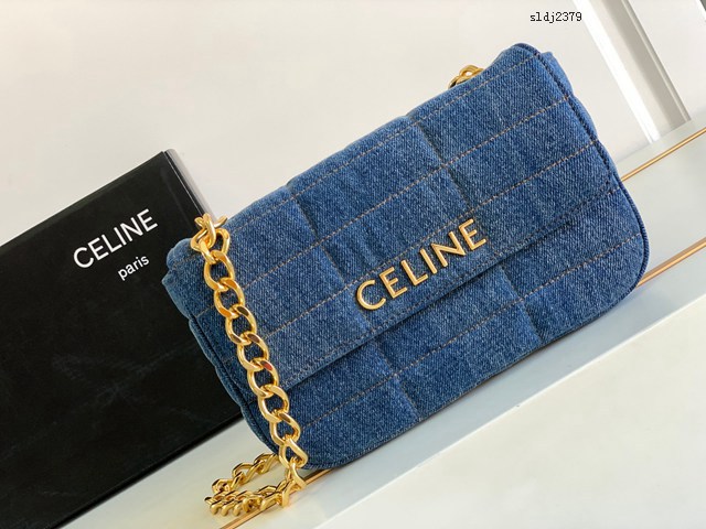 Celine專櫃2022新款絎縫牛仔布革鏈條肩背包 賽琳牛仔布絎縫斜挎女包 sldj2379