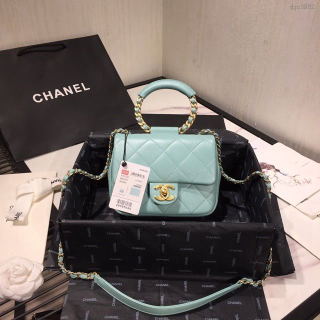 Chanel女包 AS1357 Chanel2020新款圓環手柄方胖子口蓋包 菱格羊皮鏈條手提包  djc3952