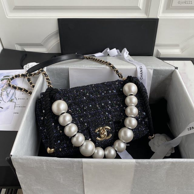 Chanel女包 香奈兒專櫃最新款珍珠毛呢CF口蓋包 Chanel珍珠手柄斜挎鏈條女包  djc4121