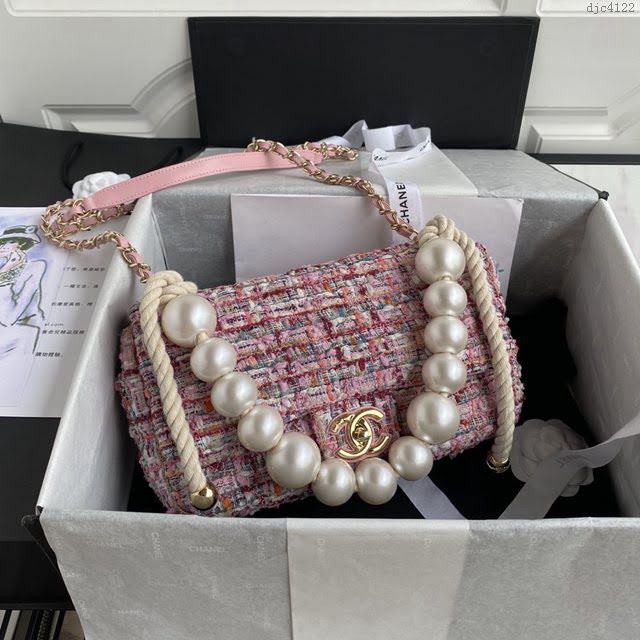 Chanel女包 香奈兒專櫃最新款珍珠毛呢CF口蓋包 Chanel珍珠手柄斜挎鏈條女包  djc4122