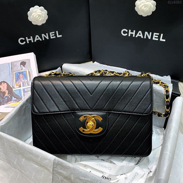 Chanel女包 香奈兒專櫃最新款V格口蓋包 Chanel絕版大金扣包 A88黑V  djc4283