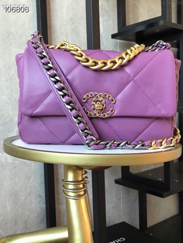 Chanel女包 香奈兒專櫃最新色款19口蓋包 Chanel經典紫色羊皮女包 AS1160  djc4300