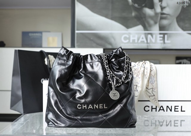 Chanel專櫃新款火爆中號22bag包購物袋 香奈兒收納袋黑色原廠小羊皮鏈條肩背手袋手提袋 djc5255