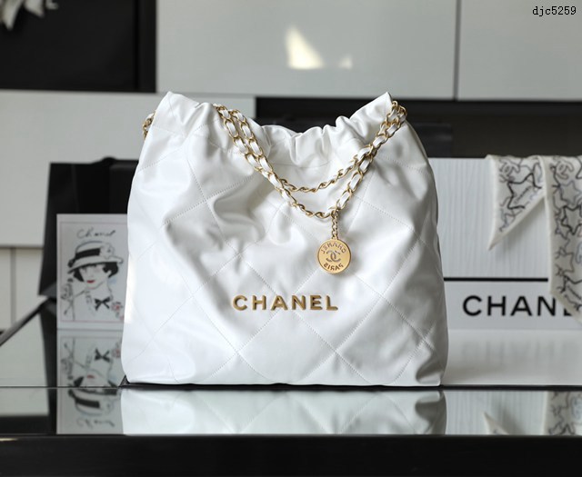 Chanel專櫃新款火爆中號22bag包購物袋 香奈兒收納袋白色金扣原廠小羊皮鏈條肩背手袋手提袋 djc5259
