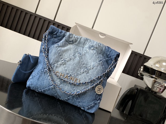 Chanel專櫃新款22Bag牛仔垃圾袋水洗藍白漸變色銀色五金 中號3261 香奈兒女包 djc5301