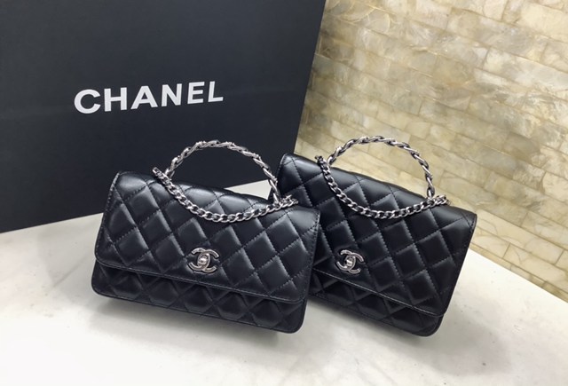 Chanel專櫃新款鏈條女包 香奈兒23K黑銀牛皮手柄woc手提肩背包 djc5535