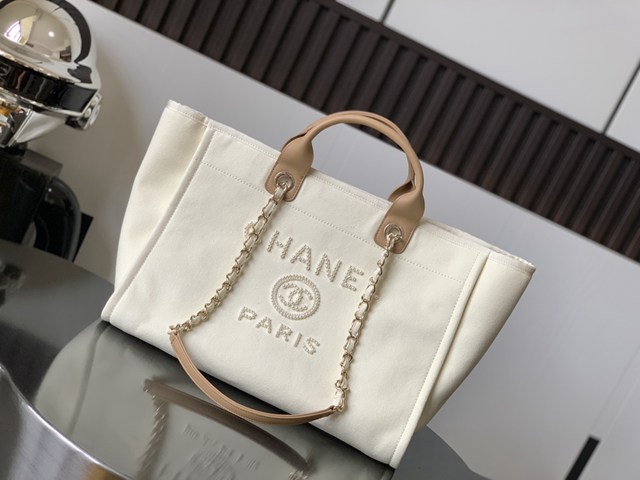 Chanel專櫃新款tote bag女包 香奈兒春夏新款珍珠字母logo帆布沙灘包 djc6869