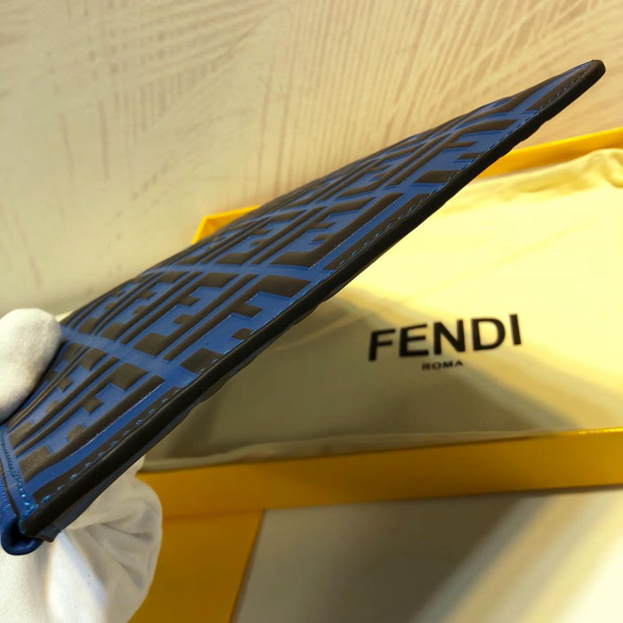 FENDI芬迪 頂級原單 藍色小牛皮 FF印花圖案 拉鏈手拿包 0078m40  fd1609