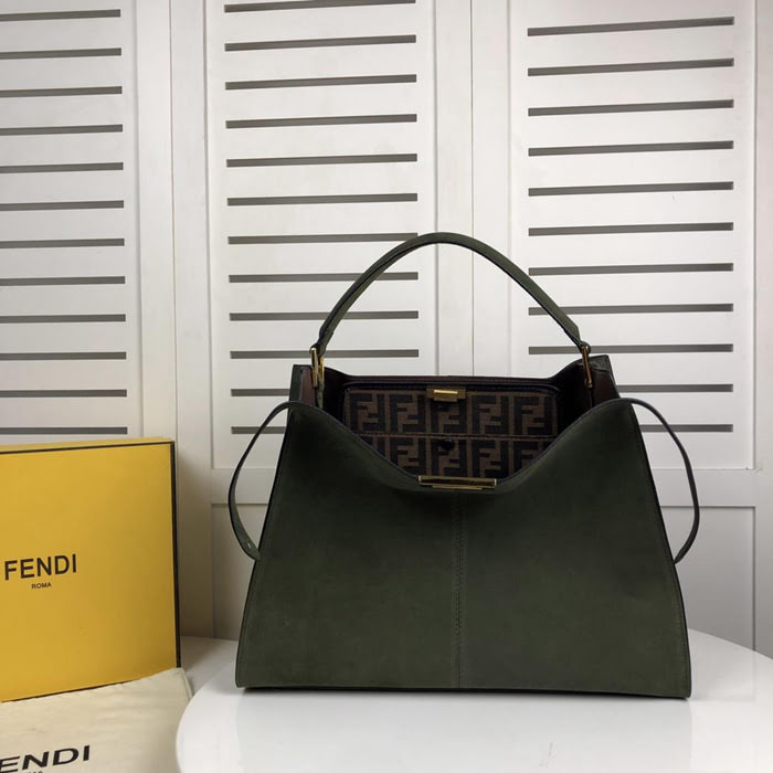 FENDI芬迪 磨砂牛皮 麻葉綠色 大型手提包 可手提肩背  fd1818