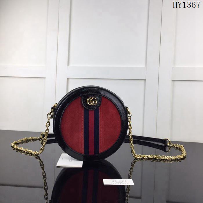 GUCCI古馳 新款 專櫃品質 原單 550618 磨砂配皮 大紅配克 圓形 鏈條挎包HY1367