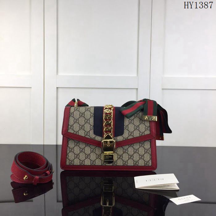 GUCCI古馳 新款 專櫃品質 原單 421882 啡Pvc配紅皮 手提 單肩 斜挎包HY1387