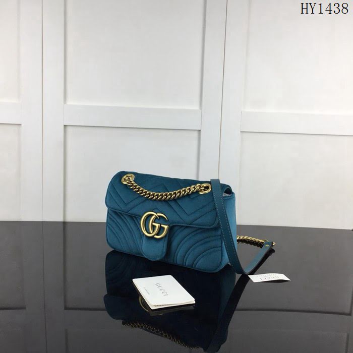 GUCCI古馳 新款 專櫃品質 原單 446744絨布 寶藍 鏈條單肩斜挎包HY1438