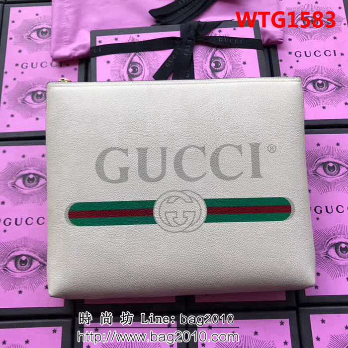 GUCCI古馳 歐洲正品原單 2018早春新款 絲印標緻手包 500981 米白全皮 WTG1583