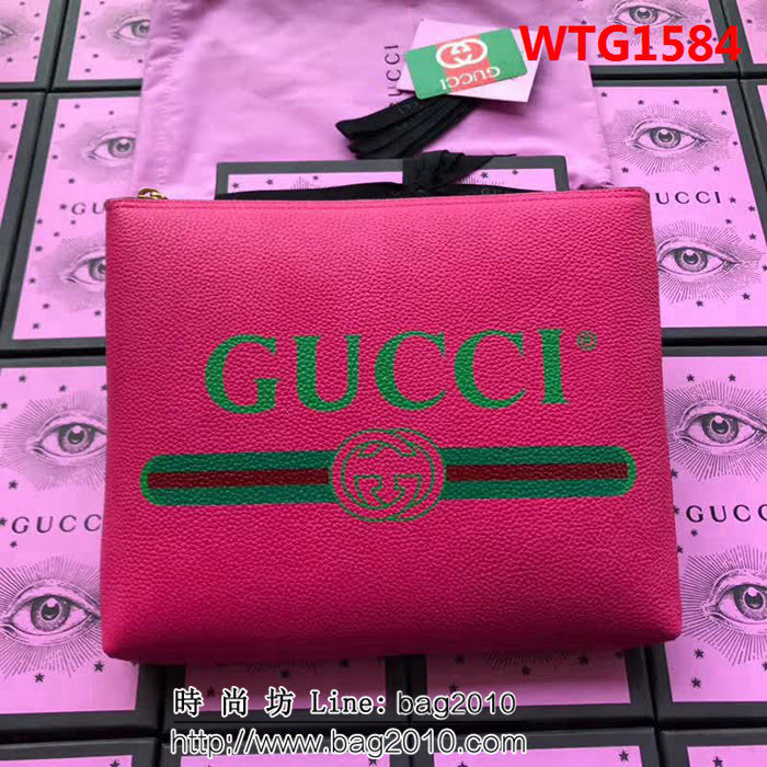 GUCCI古馳 歐洲正品原單 2018早春新款 絲印標緻手包 500981 桃紅全皮 WTG1584