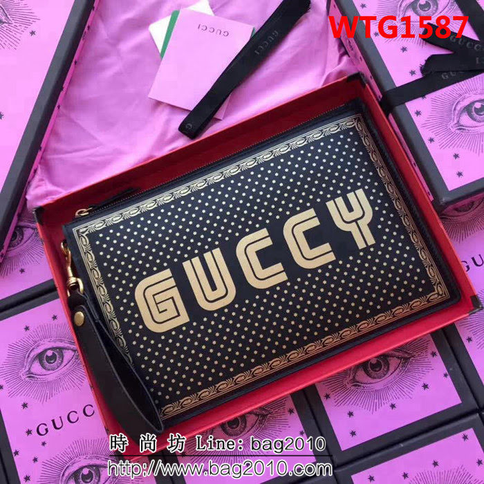 GUCCI古馳 歐洲正品原單 復古印花 百搭手拿包 510489 黑色全皮 WTG1587