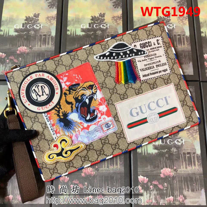 GUCCI古馳 爆款手包 GG圖案系列 時尚刺繡 復古風格手拿包 473915 啡繡 WTG1949