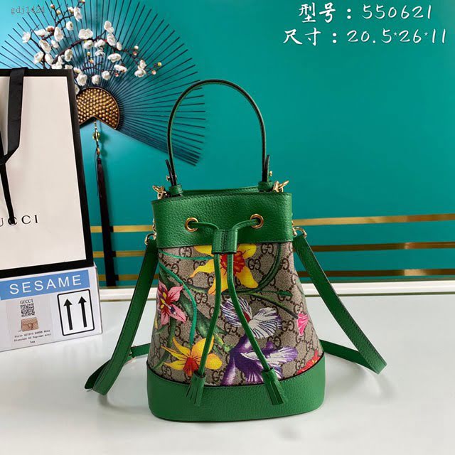 Gucci古馳包包 G家新款女包 550621 古奇花草綠皮女款肩背包 Gucci水桶包 gdj1424