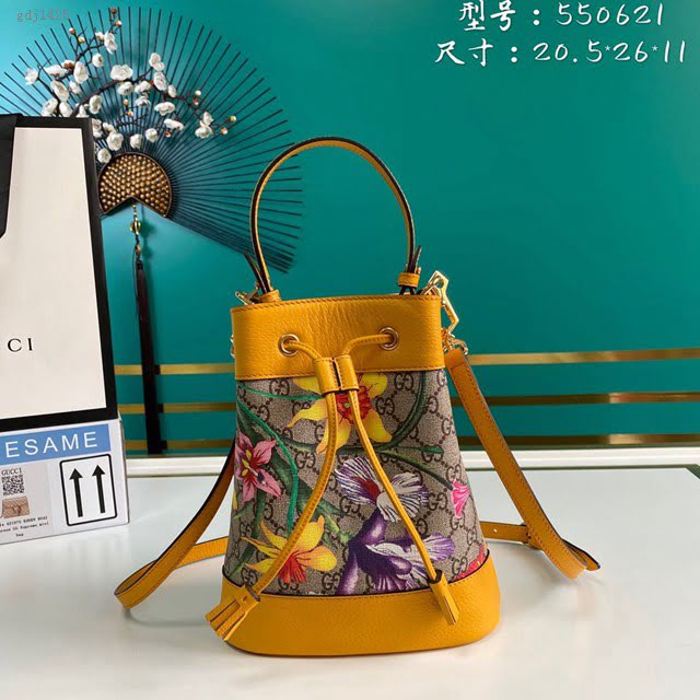 Gucci古馳包包 G家新款女包 550621 古奇花草黃皮女款肩背包 Gucci水桶包 gdj1425