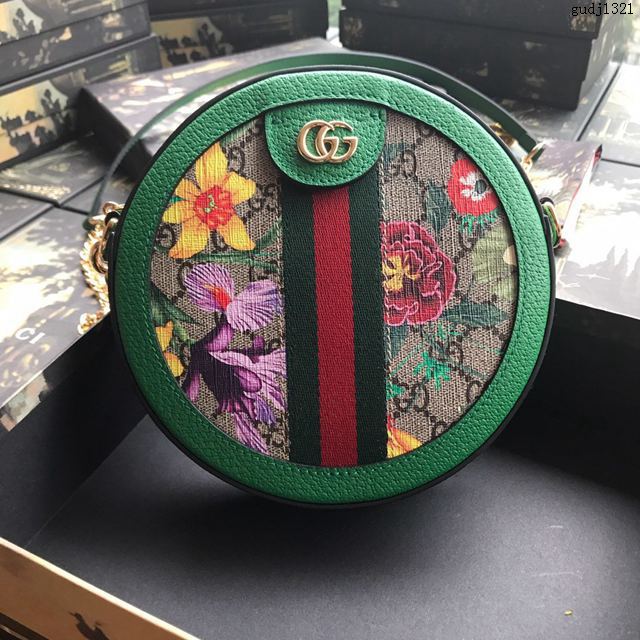 Gucci包 古馳女包 550618 Ophidia系列 花卉圓形迷你肩背包 Gucci鏈條式斜挎包  gudj1321