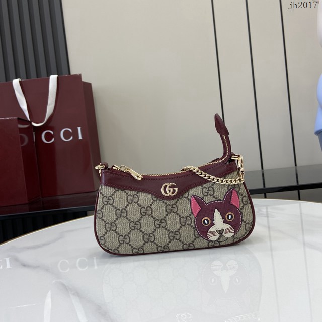 Gucci專櫃古馳最新款原廠皮飾熊貓細節GG迷你手袋貓咪鏈條包 jh2017型號：818763