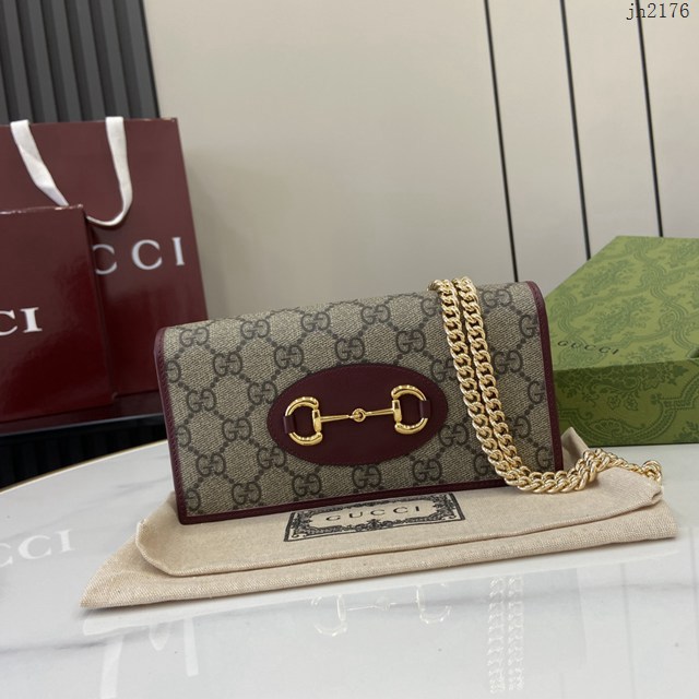 Gucci專櫃古馳最新款GG字母圖案Horsebit 1955系列鏈帶錢包 jh2176型號：621892