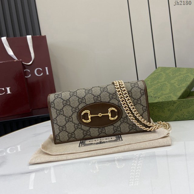 Gucci專櫃古馳最新款GG字母圖案Horsebit 1955系列鏈帶錢包 jh2180型號：621892