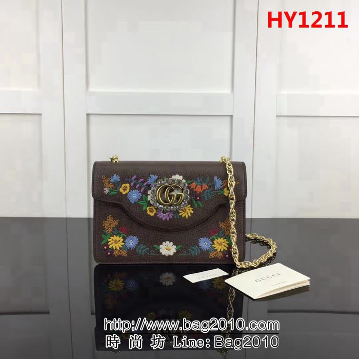 GUCCI古馳原單 新款GUCCI高仿新款專櫃品質高仿原單貨實物實拍499617 啡皮繡花鏈條單肩斜挎包 HY1211