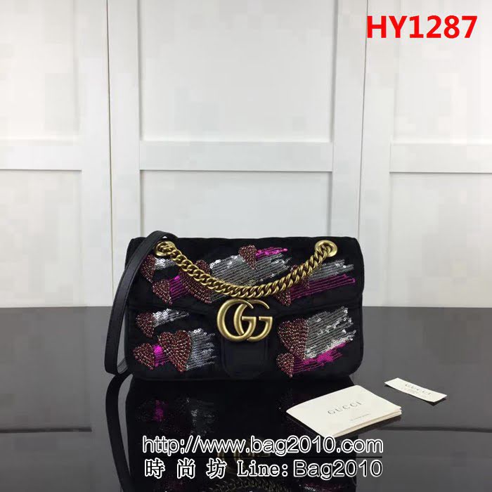 GUCCI古馳原單 新款專櫃品質高仿原單貨實物實拍443497天鵝絨水晶鏈條單肩斜跨包 HY1287