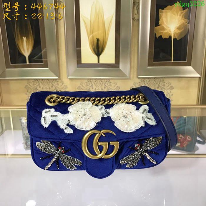 GUCCI古馳 新款女包 專櫃品質 446744 進口牛皮 原廠五金 花朵蜻蜓繡花 Gucci鏈條包 古馳斜挎包  ydgq3226