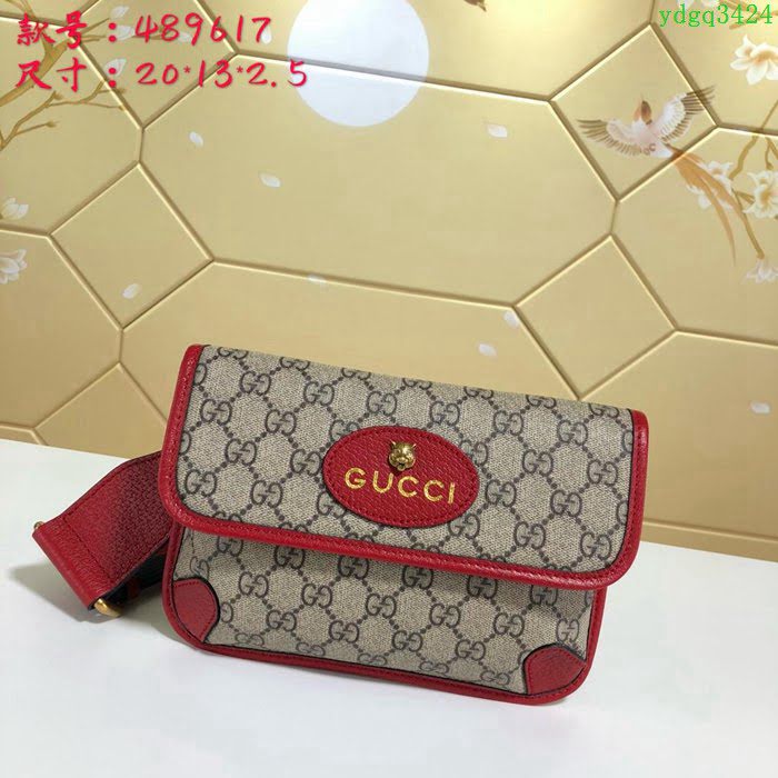 GUCCI古馳 新款 489617 Gucci女包 古馳單肩包 Gucci斜挎包 古馳虎頭標 肩帶可調 可做胸包腰包斜挎包 pvc/紅色  ydgq3424