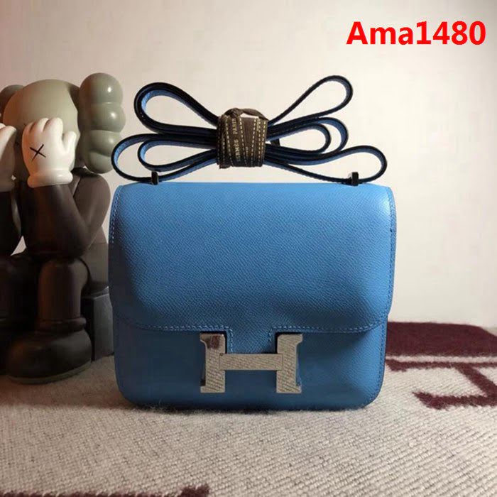 HERMES愛馬仕 空姐包 constance 天空蘭 EPSOM 18cm 銀扣 蠟線縫製 單肩斜挎包  Ama1480