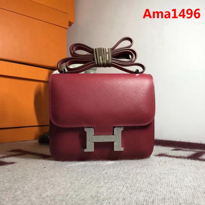 HERMES愛馬仕 空姐包 constance 石榴紅 EPSOM 18cm 銀扣 蠟線縫製 單肩斜挎包  Ama1496