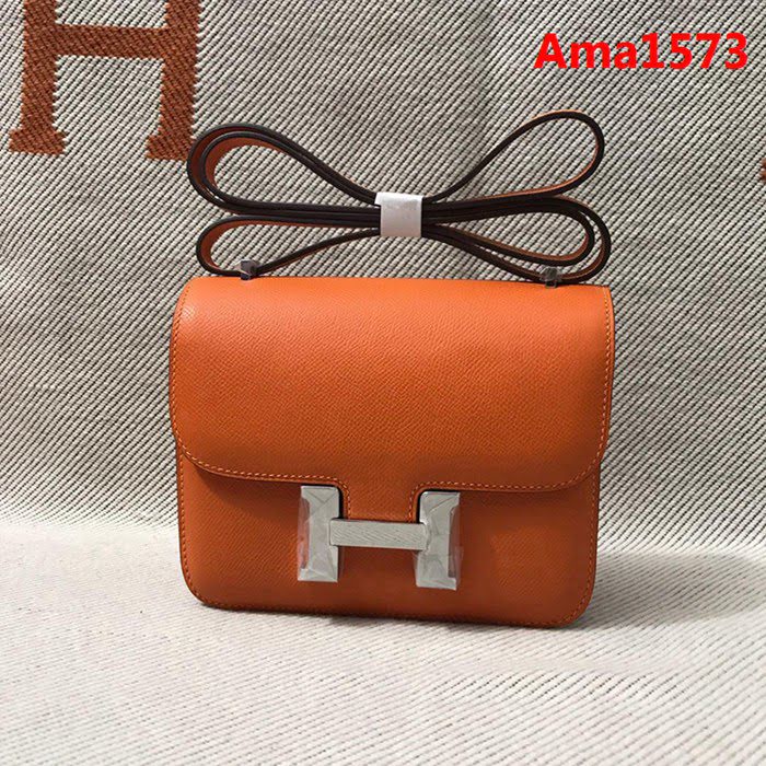 HERMES愛馬仕 H空姐包 進口原廠EP皮 頂級蜜蠟製作 街拍必備單品 橙色金銀 單肩斜挎包  Ama1573