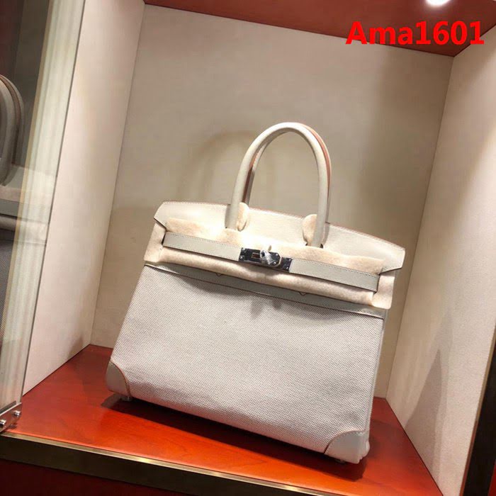 HERMES愛馬仕 鉑金包 Birkin30Cm Swift拼帆布 80 Gris Perle 珍珠灰 銀扣 頂級工藝 手縫蠟線 無敵限量版 古董包  Ama1601