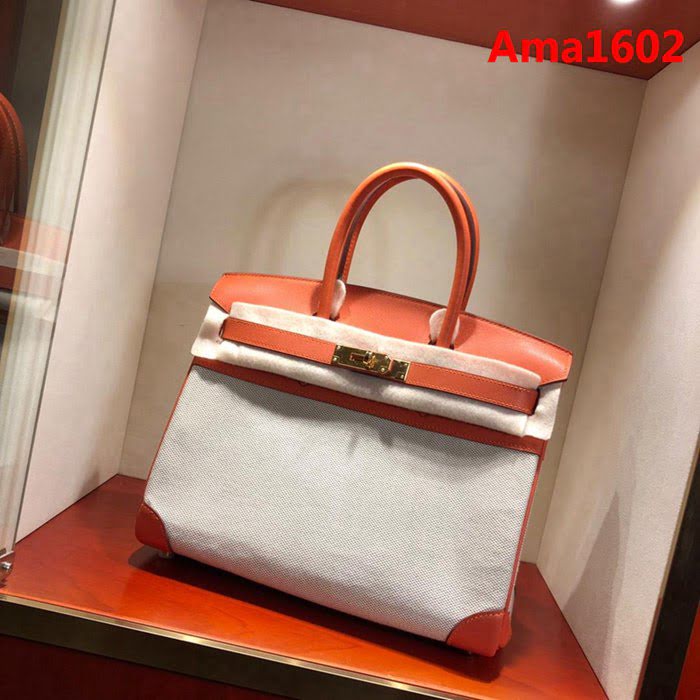 HERMES愛馬仕 鉑金包 Birkin30Cm Swift拼帆布 93 Orange 橙色 銀扣 頂級工藝 手縫蠟線 無敵限量版 古董包  Ama1602