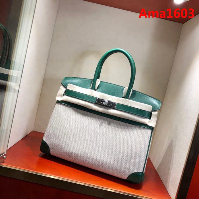 HERMES愛馬仕 鉑金包 Birkin30Cm Swift拼帆布 Z6 Malachite 孔雀綠 銀扣 頂級工藝 手縫蠟線 無敵限量版 古董包  Ama1603