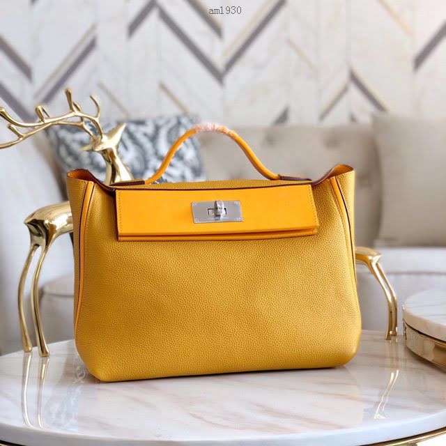 Hermes包包 愛馬仕Hermes Kelly2424 琥珀黃 銀扣 togo小牛皮 半手工制 Hermes休閒女款手提包  am1930