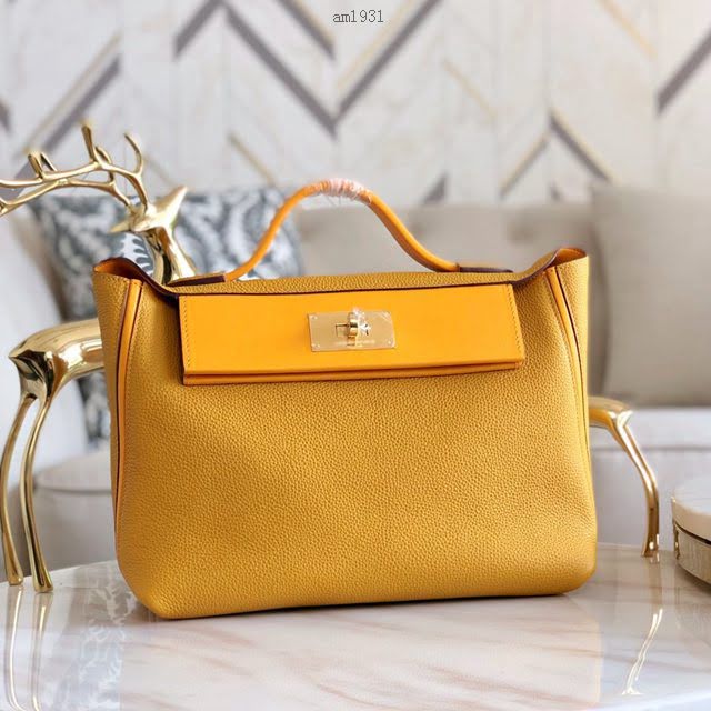 Hermes包包 愛馬仕Hermes Kelly2424 琥珀黃/金扣 togo小牛皮 半手工制 Hermes休閒女款手提包  am1931