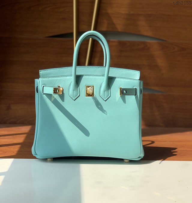 Hermes女包 愛馬仕Birkin25 swift皮 手工縫製 瑪卡龍藍金扣 Hermes鉑金手提包  tdh2153