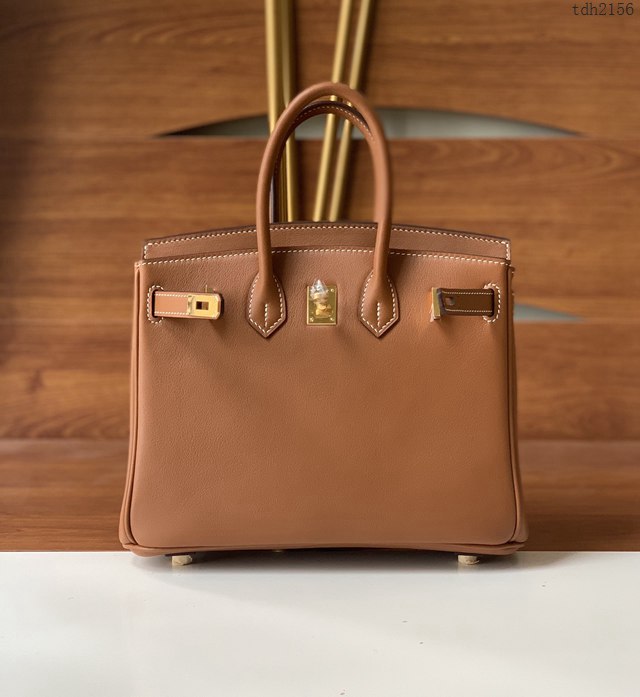 Hermes女包 愛馬仕Birkin25 swift皮 手工縫製 金棕金扣 Hermes鉑金手提包  tdh2156