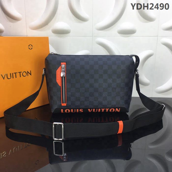 路易威登LV 頂級原單 N42416 藍格 Damier Cobalt帆布 橙色字體 橙色配皮 小號郵差包  YDH2490