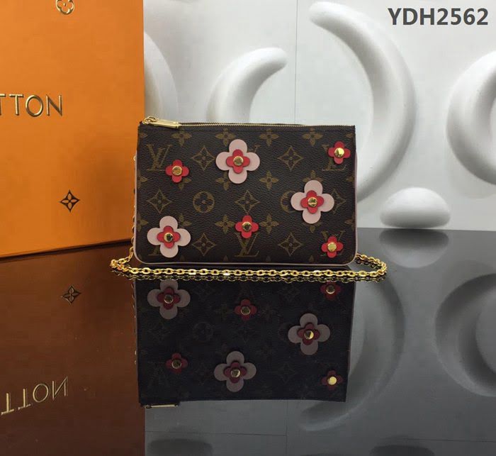 路易威登LV 頂級原單 M63905 粉色Pochette Double Zip鏈條錢夾 Blooming Flowers系列 花朵點綴Monogram 帆布 可手拿斜背  YDH2562