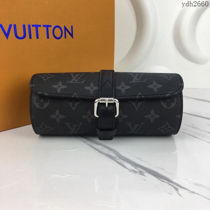 路易威登LV腕表盒 頂級原單 Eclipse Monogram帆布 腕表盒 皮質系帶 銀色金屬搭扣 套盒  ydh2660