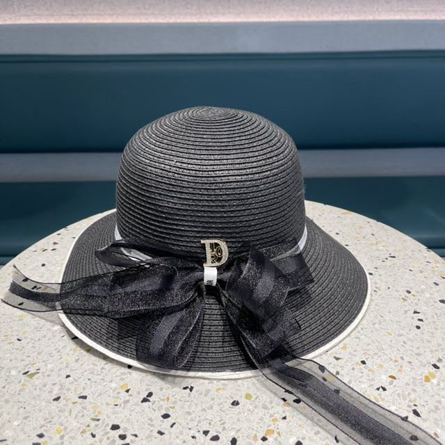 Dior新品女士帽子 迪奧蝴蝶結絲帶盆帽草帽遮陽帽  mm1548