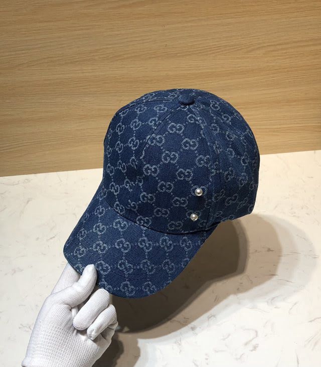 Gucci新品女士帽子 古馳做舊牛仔珍珠鴨舌帽棒球帽  mm1592