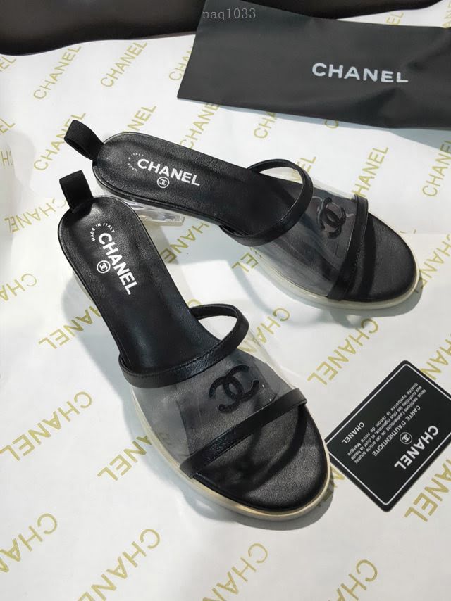 Chanel女鞋 香奈兒專櫃新品 原版透明水晶跟 小香一字拖鞋  naq1033