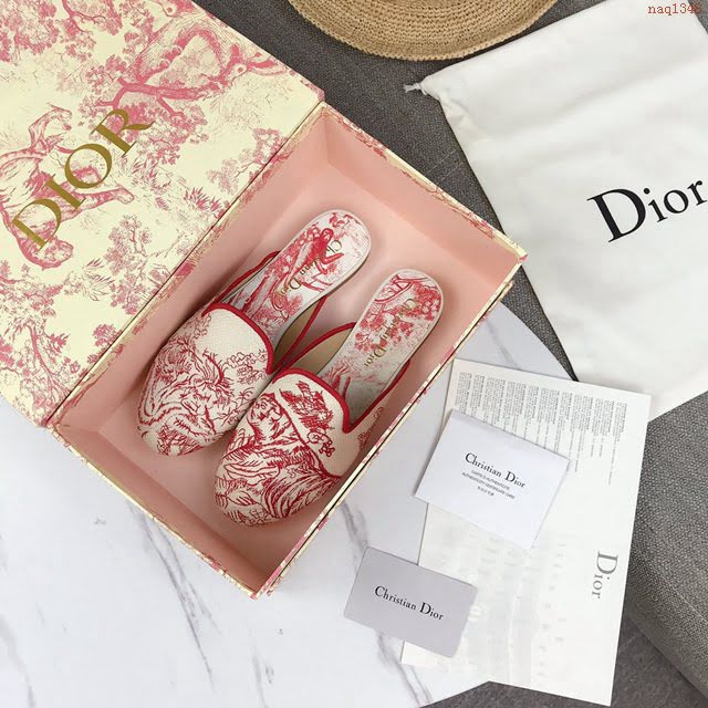 DIOR女鞋 迪奧BABY-D圓頭拖鞋 Dior帆布電腦刺繡平底鞋  naq1348