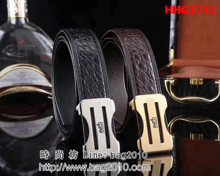 愛馬仕HERMES 純手工打磨鋼扣 鱷魚肚皮手工包邊工藝 高端男士皮帶 HHG1743