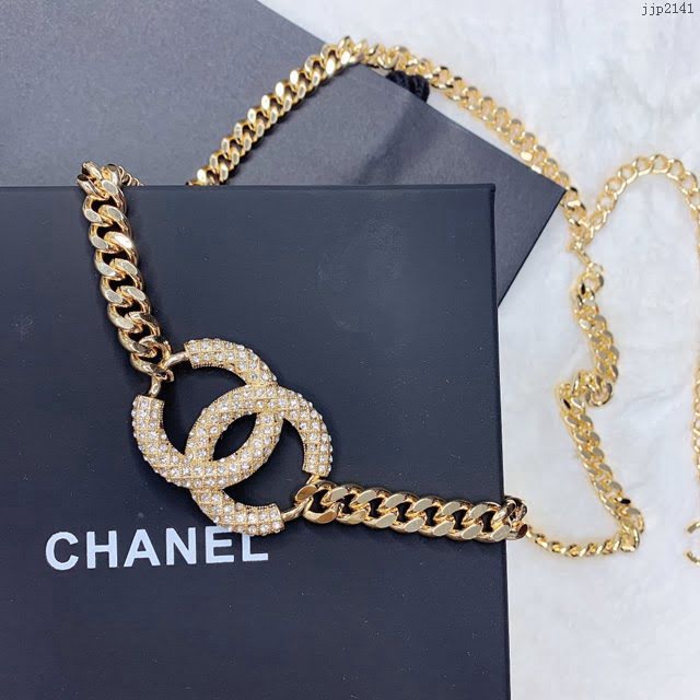 Chanel女士皮帶 香奈兒鏈條金屬與黃銅金色滿鑽雙C標誌腰帶  jjp2141
