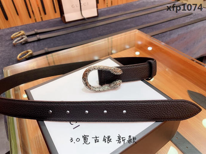 GUCCI古馳 官網新款 原單品質 自然荔枝紋 復古雙虎頭U字型酒神扣 男士皮帶  xfp1074